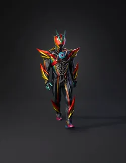 Kamen Rider inspired armored suit with black base and neon red yellow