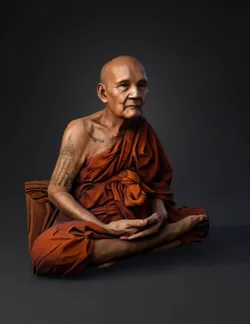 monk seated cross legged in orange robes with tattoos leather shrine