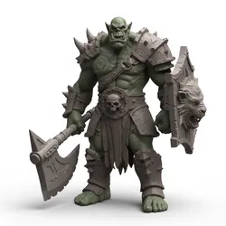 Orc standing menacingly, fantasy creature, mythical figure, magical being, legendary monster, fantasy statue, stylized model, heroic figure, dark fantasy, printable model, 3d print figure