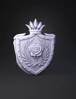 ornate heraldic shield with rose motif gold edging and crown green c
