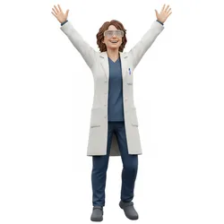 Scientist celebrating with hands up, humanoid figure, dynamic pose, expressive character, stylized model, action pose, 3d printable figure, fantasy human, dramatic stance, collectible model, 3d print statue