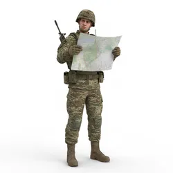 Soldier confused reading map, humanoid figure, dynamic pose, expressive character, stylized model, action pose, 3d printable figure, fantasy human, dramatic stance, collectible model, 3d print statue