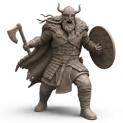 Viking mid-battle scream, humanoid figure, dynamic pose, expressive character, stylized model, action pose, 3d printable figure, fantasy human, dramatic stance, collectible model, 3d print statue