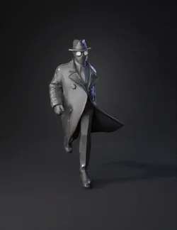 noir detective in trench coat and fedora grayscale figure with glowin