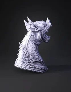 ornate dragon head sculpture with metallic gold and black scales