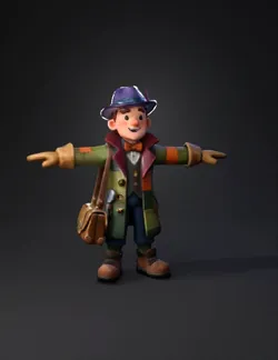 patchwork coat adventurer figure with green coat brown boots purple