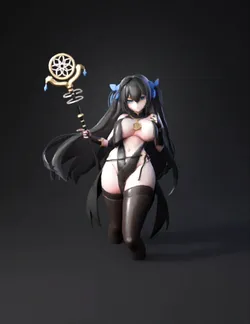 anime female character with long black hair and gold accessories wear