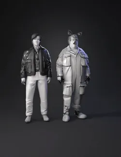 anthropomorphic figure wearing leather jacket and utility suit with fu