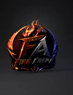 Fire Arena logo with fiery flame elements and metallic lettering in or