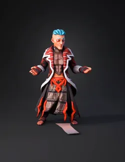 stylized action figure with muscular torso red black armor blue hair