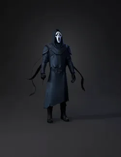 Ghostface character wearing a tattered blue gray robe and white scream