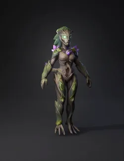 tree armored humanoid wearing bark like armor with emerald leaves and
