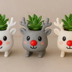 Kawaii Reindeer Planter with Plant - Rudolph Planter STL, Cute Christmas Pot, Reindeer Succulent Holder, 3D Printing
