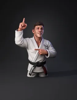 martial arts figure wearing a white gi with black belt pointing gestu