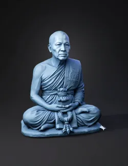 meditating monk statue with folded hands blue draped robe with script