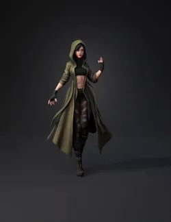 hooded female warrior with tattooed abdomen in forest olive green coa