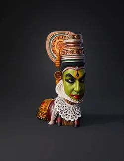kathakali dancer with green face makeup ornate headdress white lace