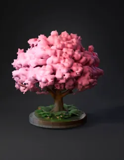 pink flowering tree in a round brick planter with brown trunk and gree
