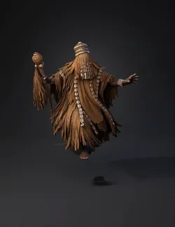 tribal shaman figure wearing shell adorned raffia robes on a circular
