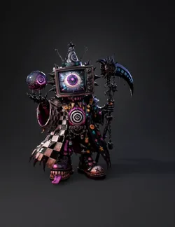 cyberpunk robot clown with tv head spiked armor neon markings chain