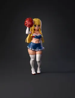 blonde anime cheerleader character with green eyes blue cheer outfit