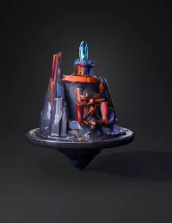 blue crystal atop a circular metallic pedestal with orange accents and