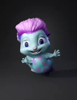 fluffy fantasy creature with teal fur and purple mane pink accents f