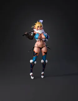 Stylized female warrior with blue and orange armor fur trim wielding