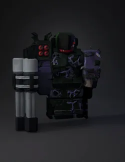 large armored mech composed of blocky panels with green and purple tex