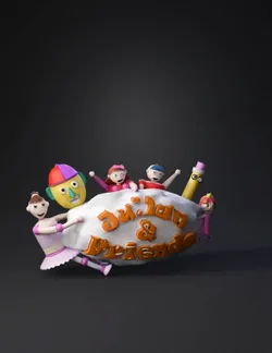 group of colorful children characters surrounding a sign with Julia