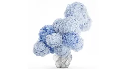 Formal bouquet flowers glass vase blue hydrangea decor