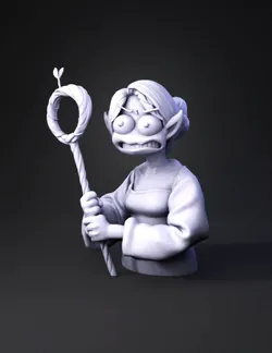 elf woman holding a braided staff with a surprised expression in black