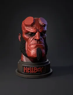 hellboy bust statue with red skin on a dark pedestal bearing the Hellb