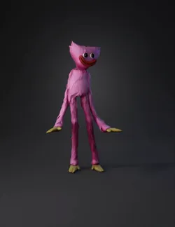 pink fluffy creature with long limbs soft fur yellow feet