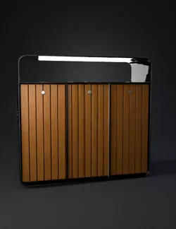 three compartment recycling bin station with wood slat panels and meta