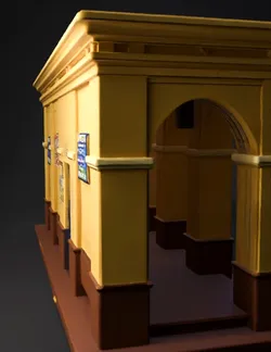 yellow arched arcade pavilion with columned arches on a brown base