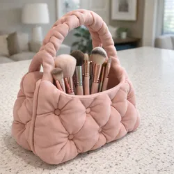 Quilted Handbag Makeup Brush Holder - Aesthetic Tufted Vanity Organizer