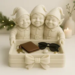 Three Elves Holiday Catch-All Tray – Matte Ivory 3D Printed Entryway Organizer | Christmas Decor Gift Holder