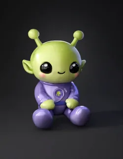alien plush toy with soft plush texture in green head and purple suit