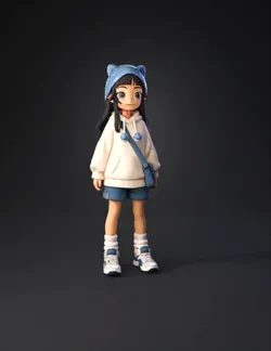 anime girl wearing a cream hoodie blue shorts hat with ears and blu