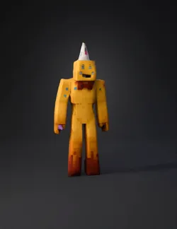 blocky golden humanoid character with red bow tie