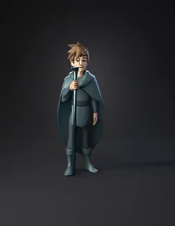 fantasy character with staff in teal cloak humanoid figure