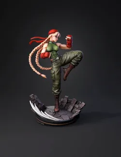female soldier in camo outfit performing a high kick on rocky pedestal