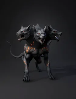 three headed hellhound with lava veins glowing eyes muscular dark gr