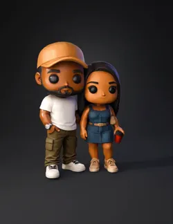 two stylized humanoid dolls with blurred faces wearing casual outfits