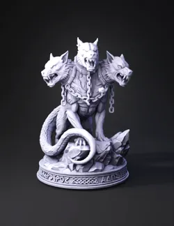 Cerberus triple headed demon dog on rocky base with chains dark fur