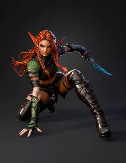 elf warrior in green scale armor with braided orange hair wielding a