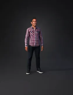 adult man wearing red plaid shirt and blue jeans full body view