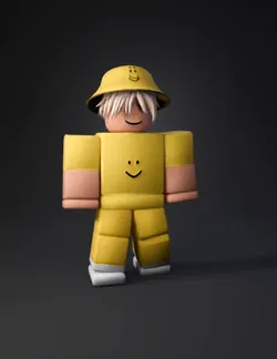 blocky yellow avatar with smiley face wearing yellow outfit and bucke