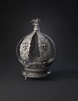 ornate silver crown with intricate floral filigree and bird motifs me